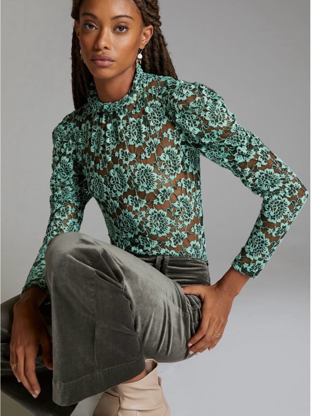 Anthropologie Dolan Left Coast Green Floral Lace Mock Neck Blouse | Size [Small]